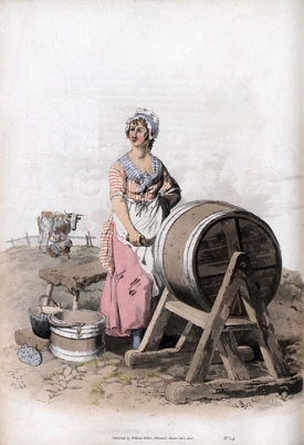 A woman churning butter in a barrel churn, by W. H. Pyne, 1805